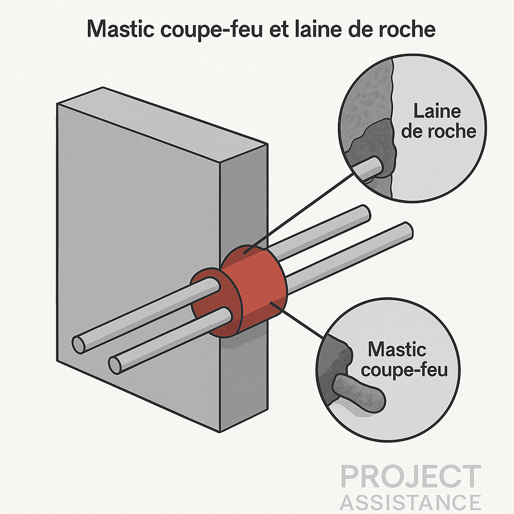 Illustration mastic coupe-feu et laine de roche